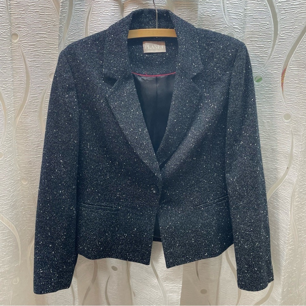 Planet Womens Black‎ Tweed Metallic Flecked One Button Blazer Jacket SS14 CAP A